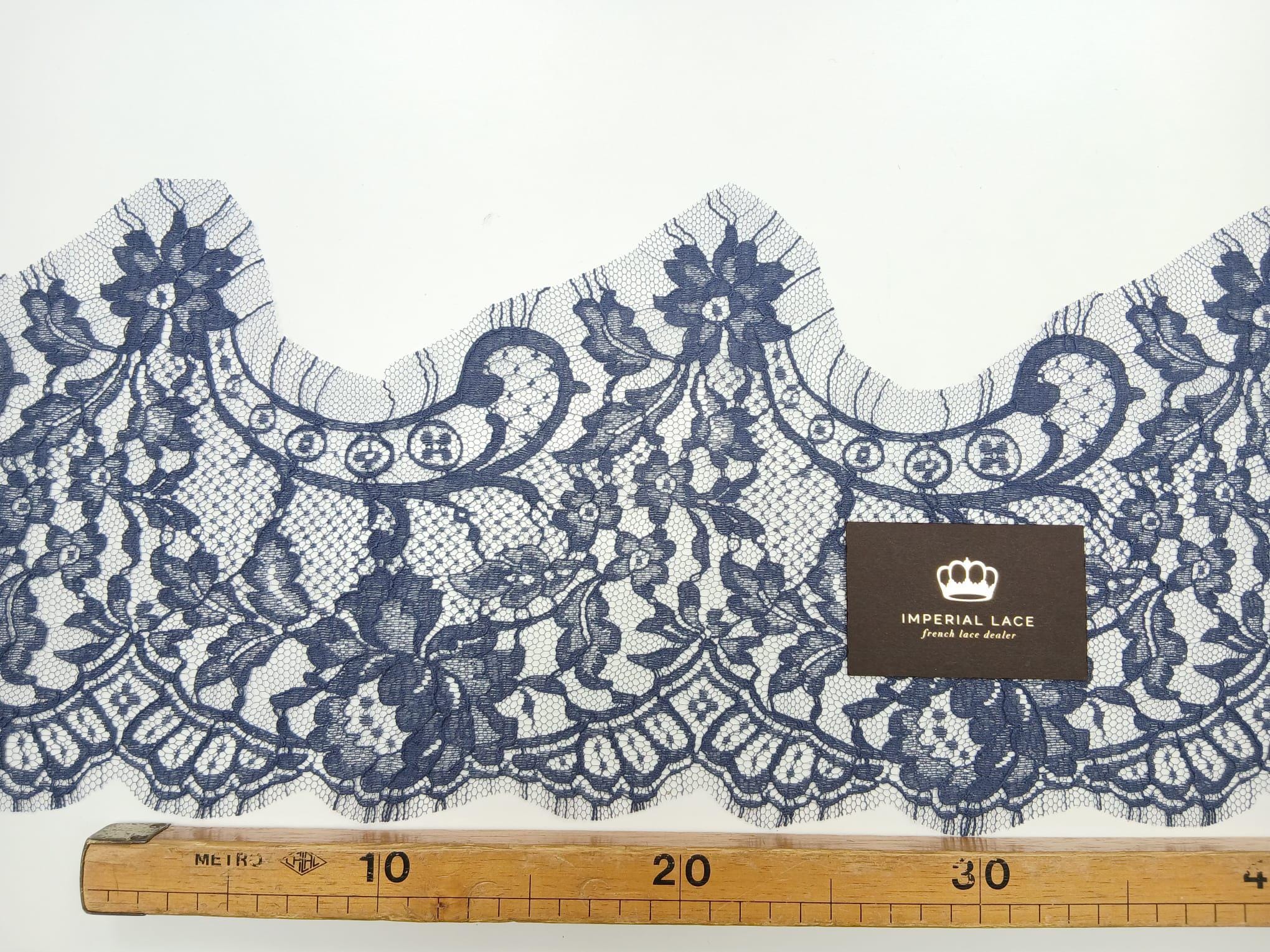 Blue Cotton Blend Lace Trim, French Solstiss Floral Chantilly Lace