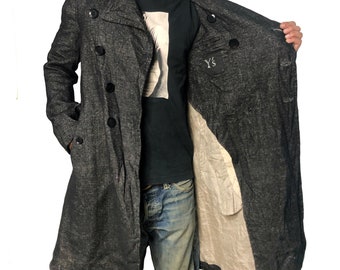 YOHJI YAMAMOTO Long Collared Coat Double Breast  Wool Linen Japanese Designed Jacket Size Small