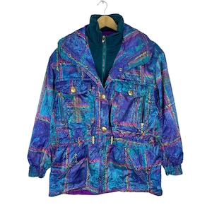Vintage 90s Descente Ski Jacket: Abstract Multi-Color Racing Design (Size Medium)