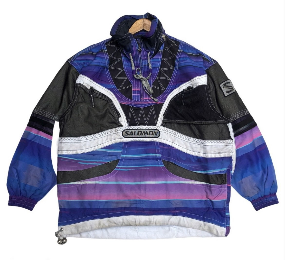 Vintage 90s SALOMON Ski Wear Competition Racing Jacket Hoodie Racing Full  Zipper Multi Colour Abstract Block Design Size Large