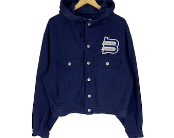 Vintage 90s BENETTON Racing Team Trucker Hoodie Cropped Jacket Navy Colour Size Small