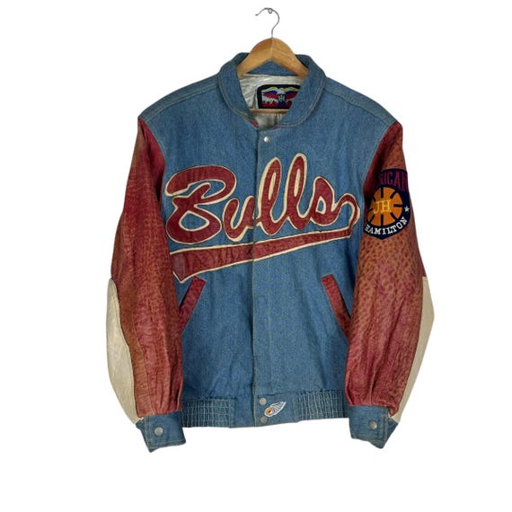 Vintage 90s Chicago Bulls Denim & Leather Varsity Jacket - J.H.