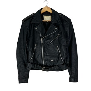 Vintage 90s Houston Leather Motorcycle Jacket Black Double Collared Bikers Zipper Size 38