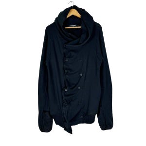 May include: Black hooded sweatshirt with a double-breasted button closure and a draped design. The sweatshirt has a large hood and long sleeves.