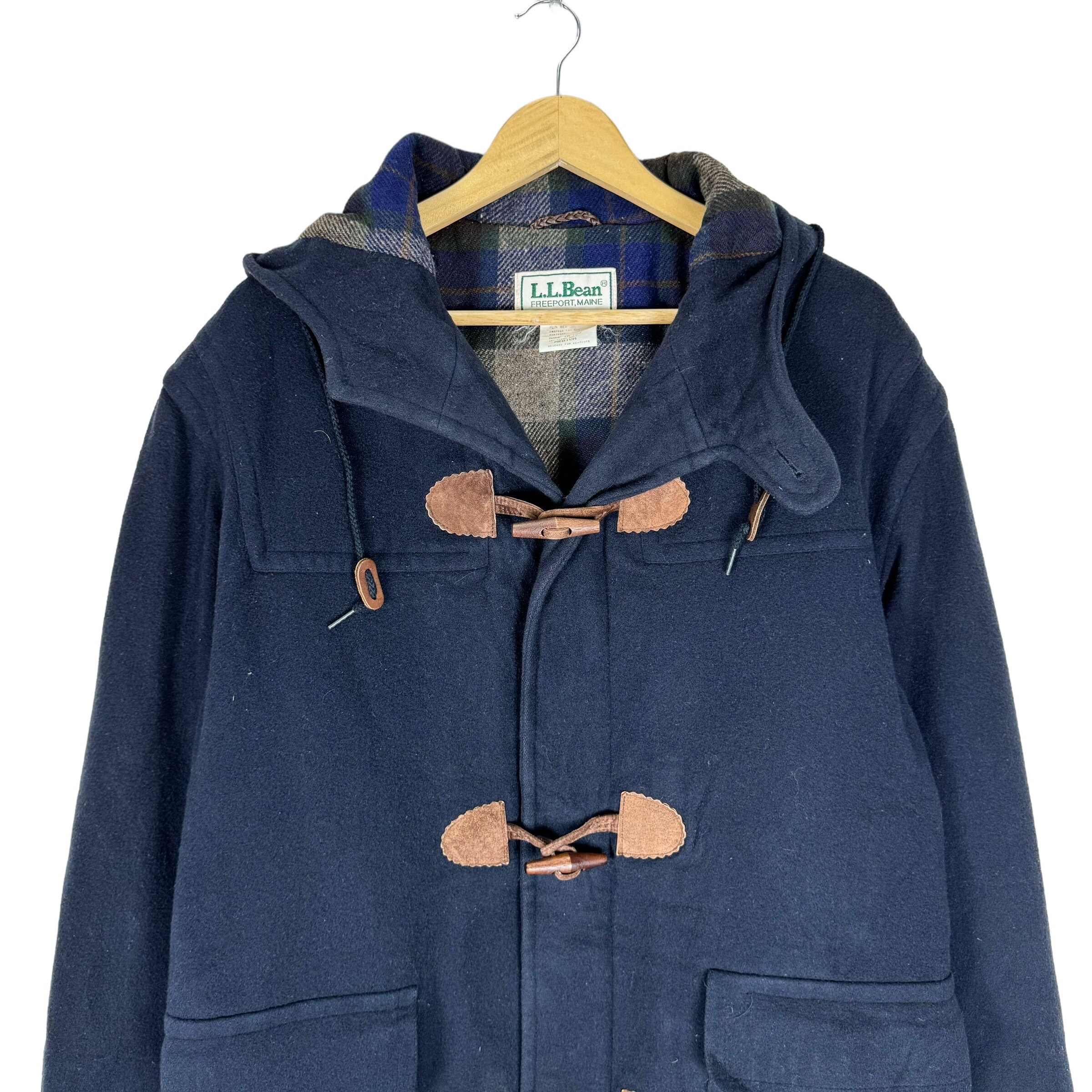 Vintage 90s LL BEAN Duffle Coat Hoodie Jacket Wool Blue