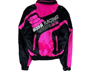 KISS RACING TEAM フルジップボアジャケット Vintage 90s Kiss Racing Team Jacket Motorcycle Zipper Sweater Pink