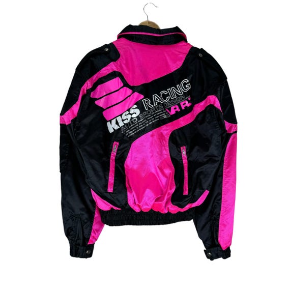 Vintage 90s Kiss Racing Team Jacket Motorcycle Zipper Sweater Pink