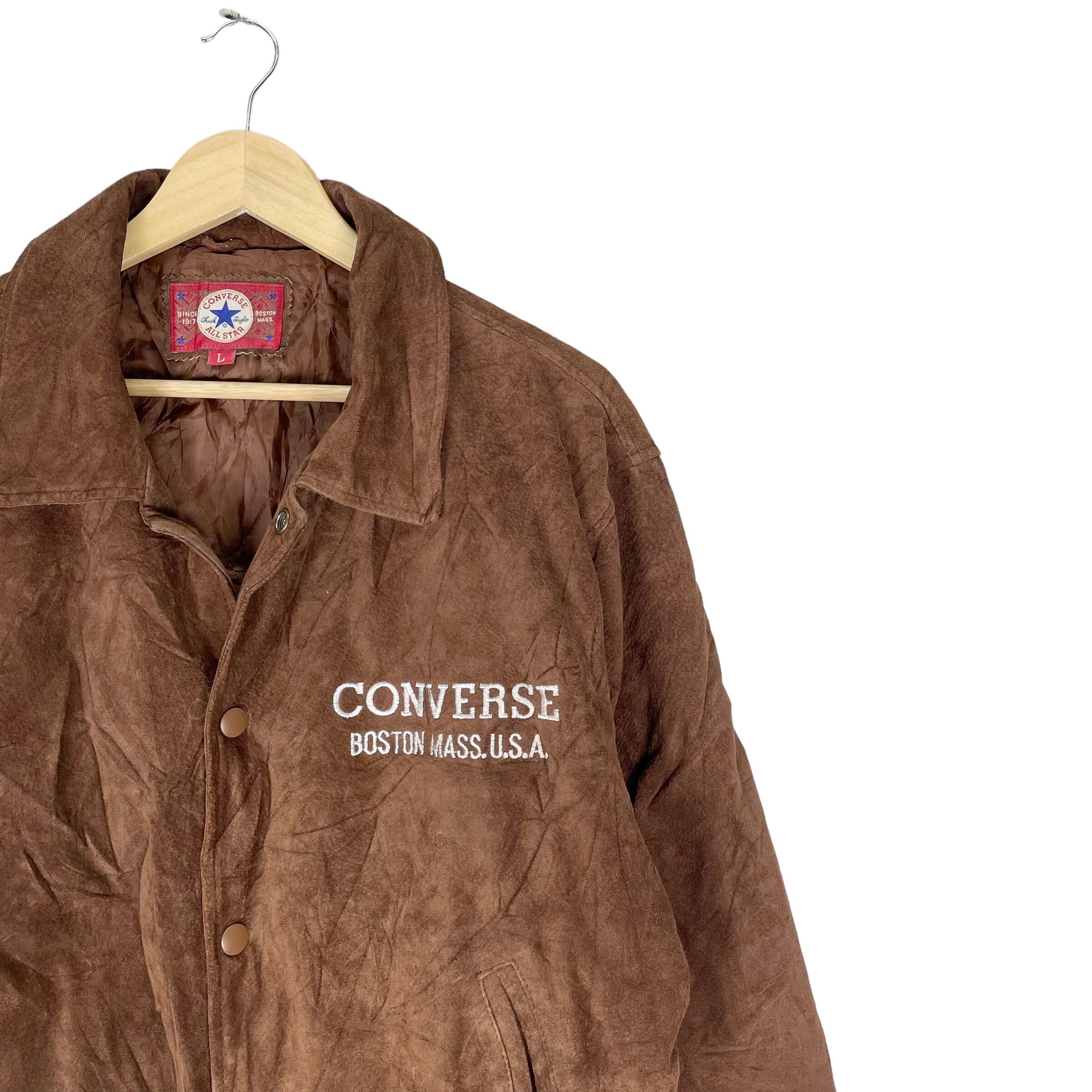 Vintage 90s Converse Pig Skin Leather Varsity Jacket - Brown Large