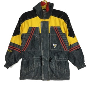 Fablice Ski Jacket: Vintage Japanese Hooded Racing Coat, Multi-Color Block, Size Medium
