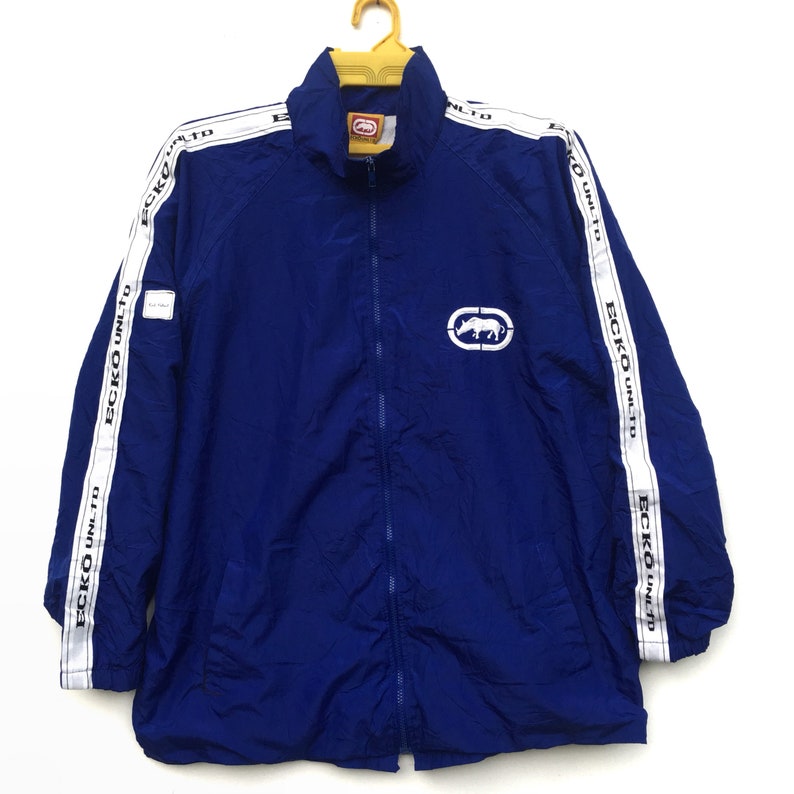 Rare! ECKO Jacket Side Tape Ecko Unltd Small Logo Spell Out Hip Hop Zipper Jacket Long Sleeve Sweater Size XLarge