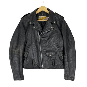 Vintage 70s SCHOTT PERFECTO 618 Nyc Leather Motorcycle Jacket Black Missing Belt Double Collared Biker Punk Zipper Size 38