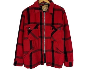 Jaqueta vintage Fox Knapp de lã dos anos 60: xadrez tartan vermelho, tamanho grande.
