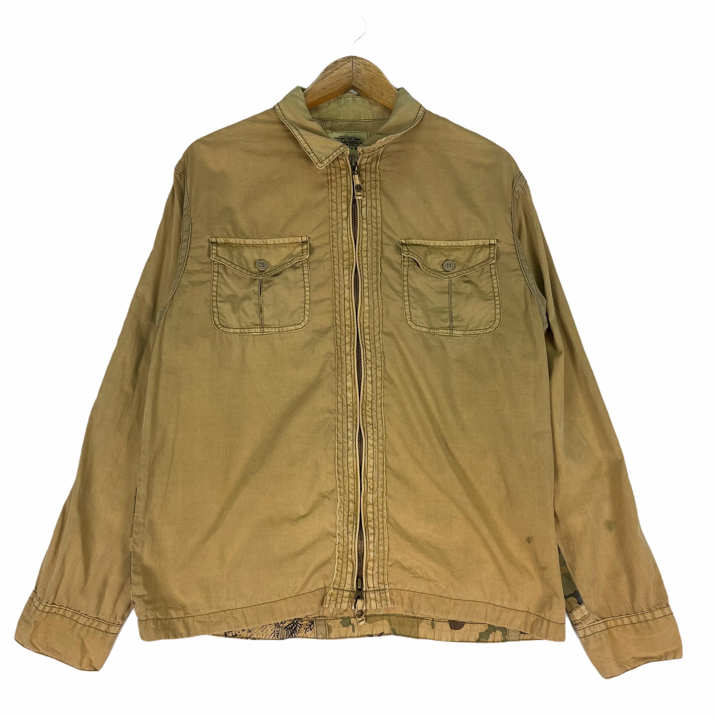 AVIREX Shirt Zipper Camo Patch Us Army Long Sleeve Brown