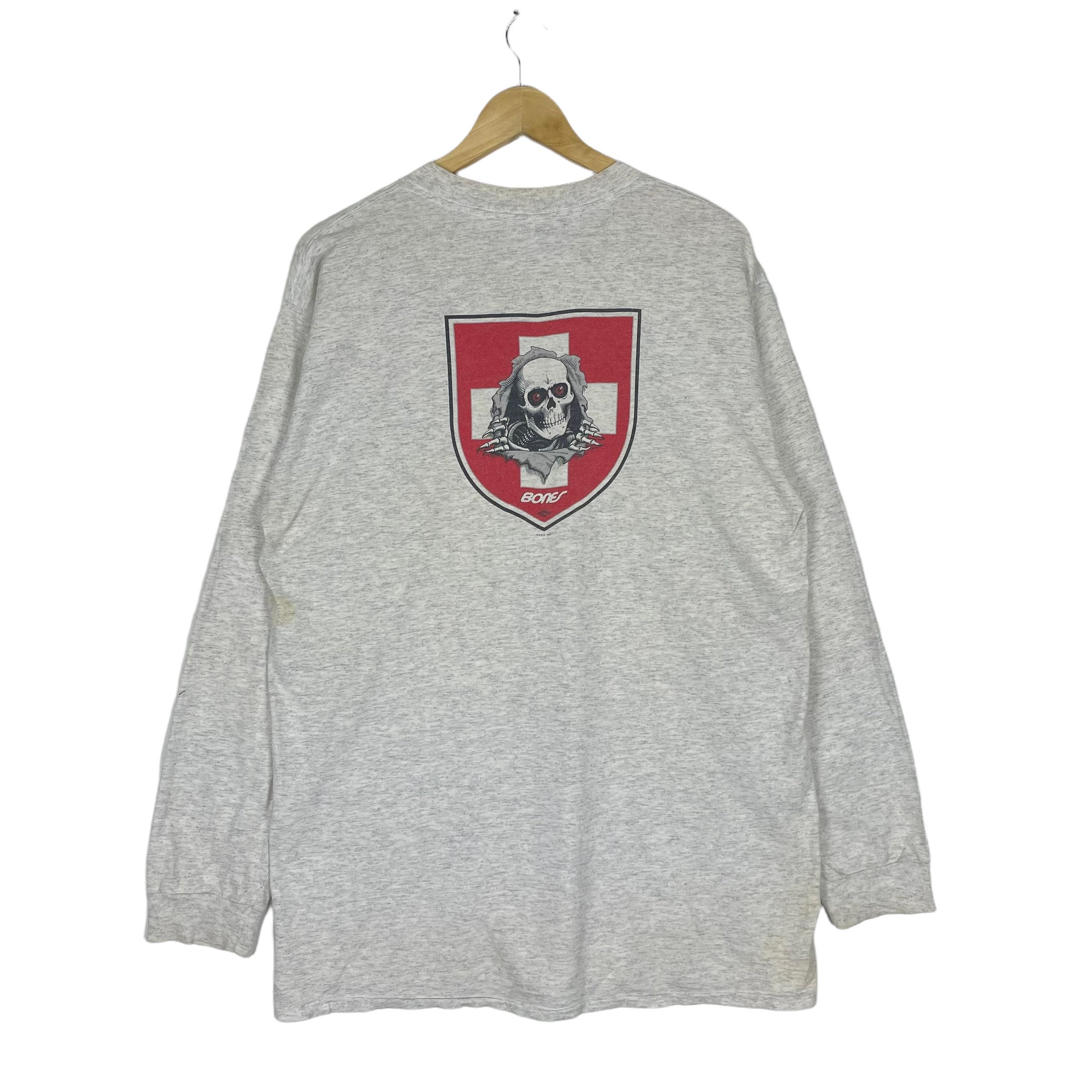 Vintage 90s Bones Skateboard 1995 Skeleton Long Sleeve Skate Grey