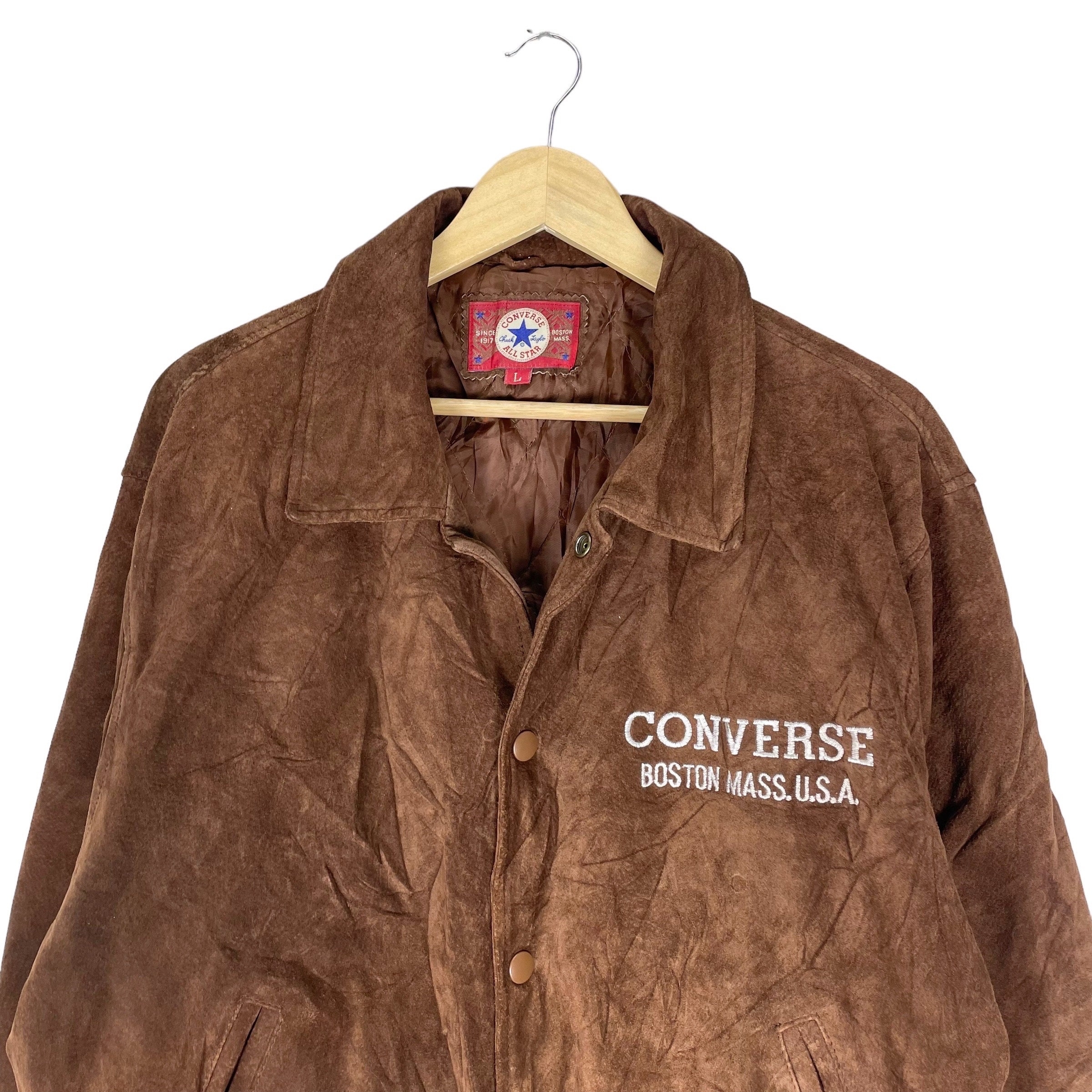 Vintage 90s Converse Pig Skin Leather Varsity Jacket - Brown Large