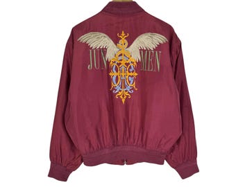 Vintage Jun Men Embroidered Bomber Jacket | 90s Japanese Designer Streetwear Sukajan Style Quilted Maroon