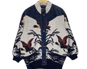 Vintage 80s Mode France Duck Leather Part Pop Art Knitwear Jacket