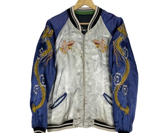 刺繍ドラゴン スカジャン ドラゴン刺繍 スカジャン 青 - メルカリ