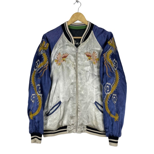 Sukajan Hawk Dragon Rayon Reversible Jacket Japanese Souvenir Fashion Japan Fighter Yakuza Embroidery Japan Size Large