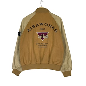 AIBA Works Off Road Varsity Leather Jacket Brown Colour Size Medium