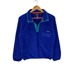 Patagonia Fleece Sweatshirt Snap Button Mountain Single Pocket Blue Colour Sweater Size XSmall