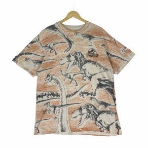 Vintage 90s Jurassic Park Over Print T shirt Dinosaur Sciene Fiction Adventure Film Movie Size XLarge