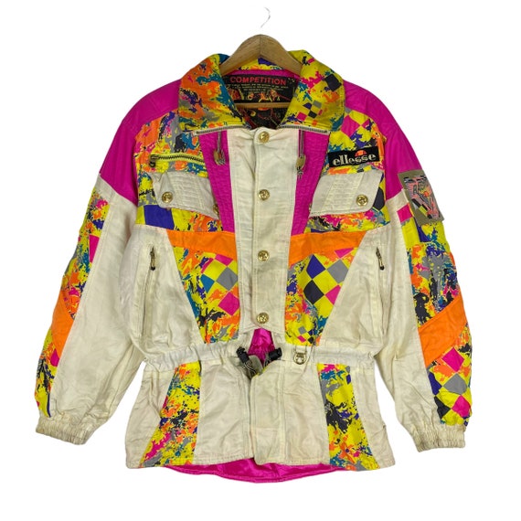 Vintage 90s Ellesse Goldwin Ski Wear Competition Racing Jacket Hoodie  Racing Full Zipper Multi Colour Abstract Block Design Size Medium 