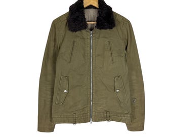 Vintage SOPHNET Olive Cotton Military Jacket – Faux Fur Collar, Thinsulate Lined, Riri Zip