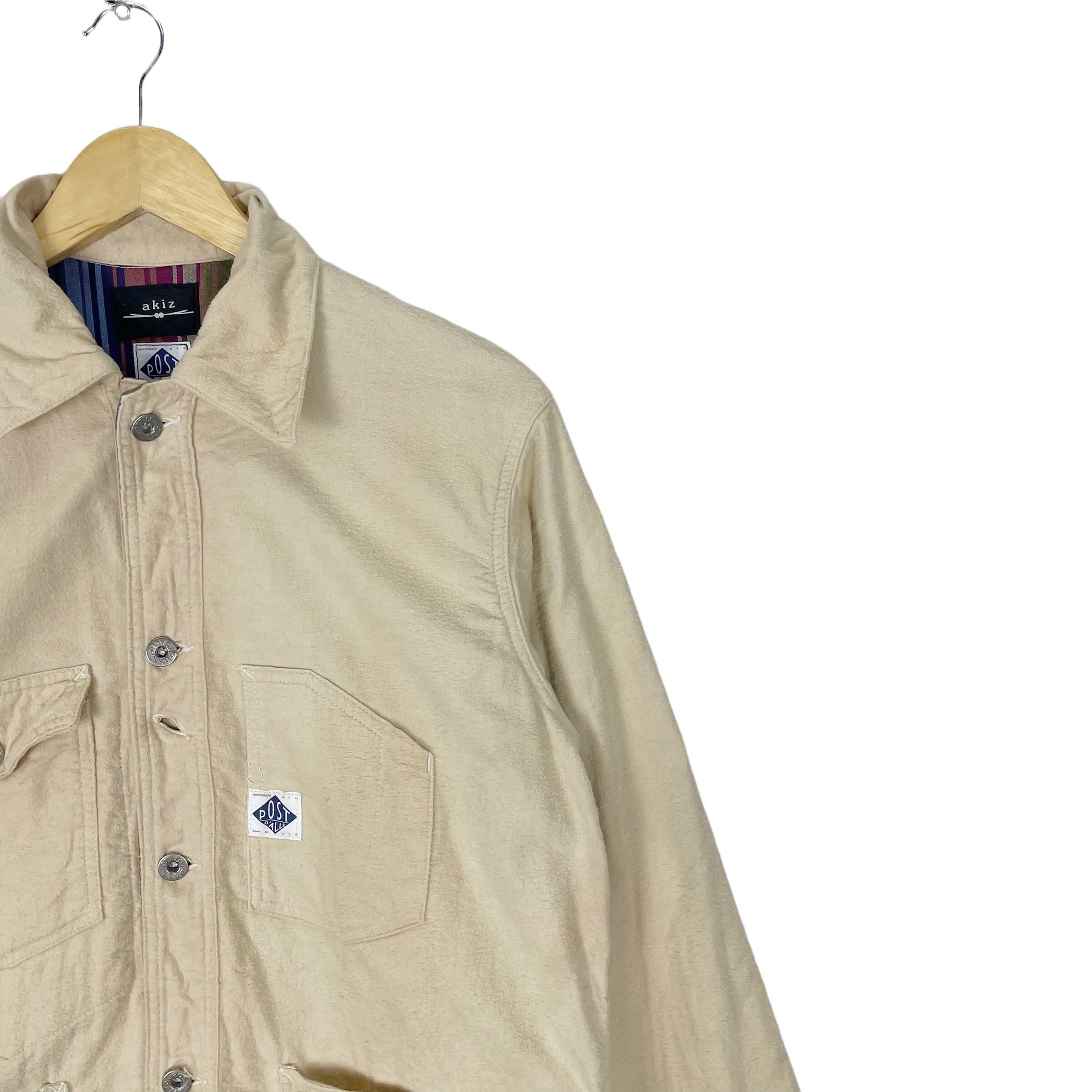 ポストオーバーオールズ×akiz コラボ　ベージュ ジャケット　ブルゾン　L Post Overall X Akiz Chore Worker Jacket Workwear Striped