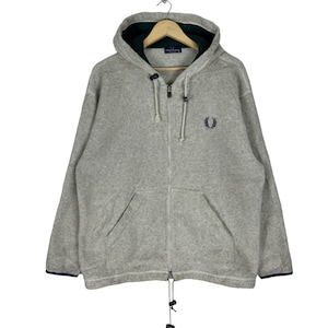 Vintage 90s FRED PERRY Hoodie Fleece Sweater Zipper Grey Colour Sweatshirt Made Japan Size Medium