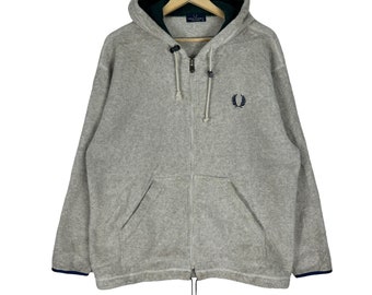 Vintage Fred Perry Fleece Hoodie: 90s Grey Zip-Up Sweater, Made in Japan, Size Medium