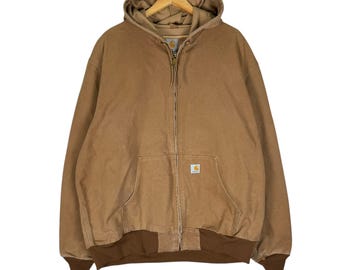 Vintage 90s Carhartt Chore Duck Canvas Hoodie Jacket Workwear Brown Colour Streetwear Size XXLarge