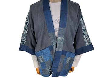 Vintage 90s Boro Patchwork Kimono: Indigo Cotton Noragi, Japanese Brand Size M