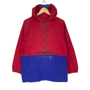 Vintage 90s LL BEAN Anorak Hoodie Half Zipper Jacket Mountain Red Blue Colour Size Medium