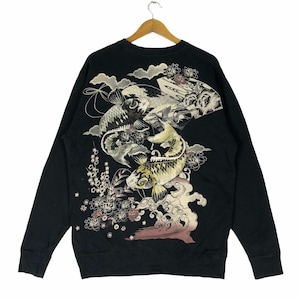 Lad Sukajan Koi Fish Sweatshirt Crewneck  Japanese Brand Fashion Black Colour Sweater Size Large