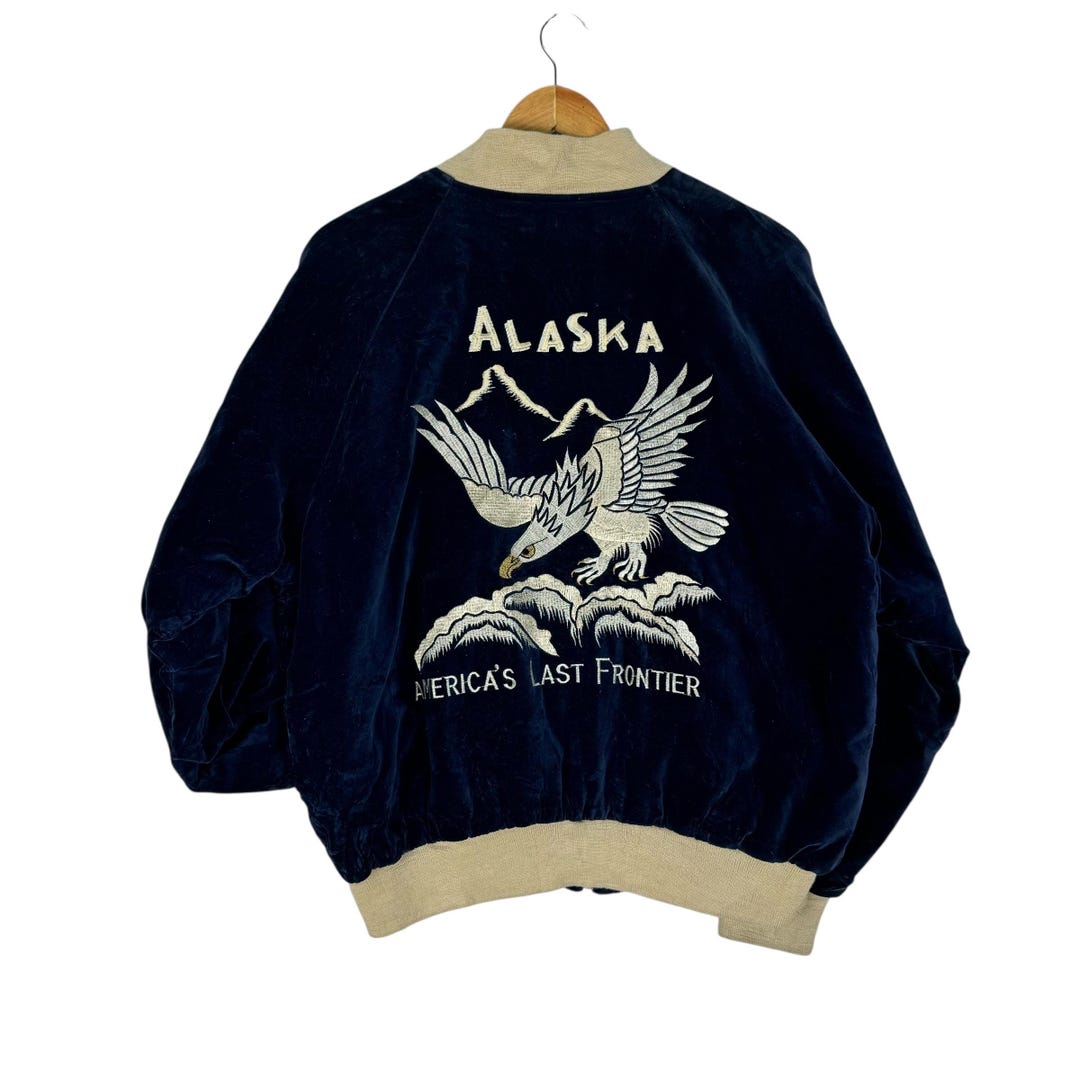 Last Frontier Alaska Sukajan Velvet Hawk Zipper Jacket Embroidery