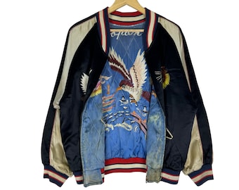 Vintage 50er Jahre Union Made Whitehead Eagles Sukajan Wendejacke Japanisches Souvenir Kämpfer Yakuza Stickerei Größe Medium