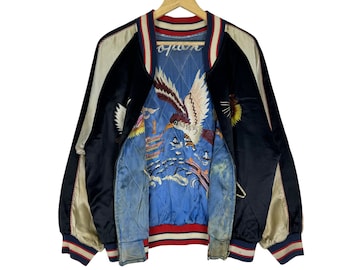 Vintage 50s Union Made Whitehead Eagles Sukajan Reversible Jacket Japanese Souvenir Fighter Yakuza Embroidery Size Medium