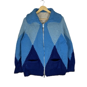 Vintage 70s Wool Cowichan Ski Daimond Patern Harlequin Mary Maxim Knitwear Talon Zip Sweater Cardigan Navy/Blue Colour