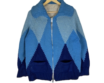 Kardigan z wełny Cowichan w stylu vintage z lat 70.: dzianinowy sweter narciarski z wzorem w romby