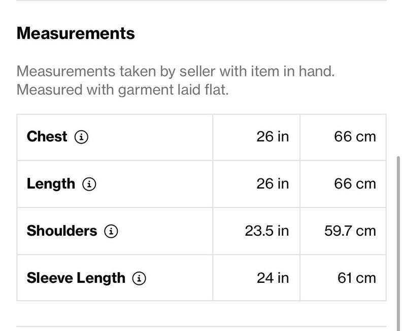 May include: Image showing garment measurements. Chest: 26 inches (66 cm), Length: 26 inches (66 cm), Shoulders: 23.5 inches (59.7 cm), Sleeve Length: 24 inches (61 cm). Measurements taken with the item laid flat.