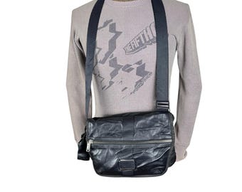 Vintage TUMI Black Leather Messenger Bag Crossbody Travel Sling Shoulder Bag