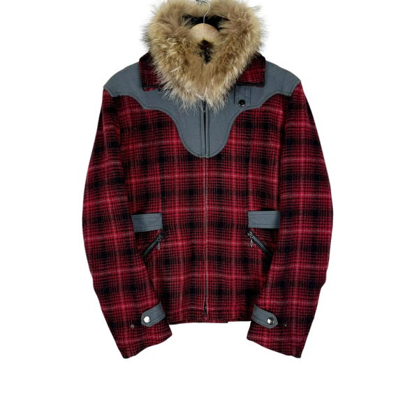 Tornado Mart Fur Raccoon Hoodie: Red Tartan Wool Jacket (size