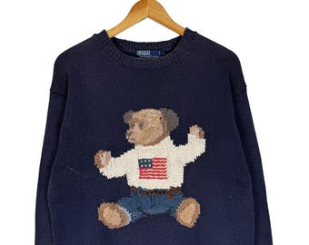 Vintage 90s Polo Ralph Lauren Bear Knitwear Hand Knit Sweater Navy