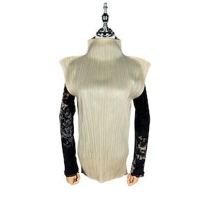 Issey Miyake Pleats Please Tank Top: Yellow High Neck Sleeveless Vest