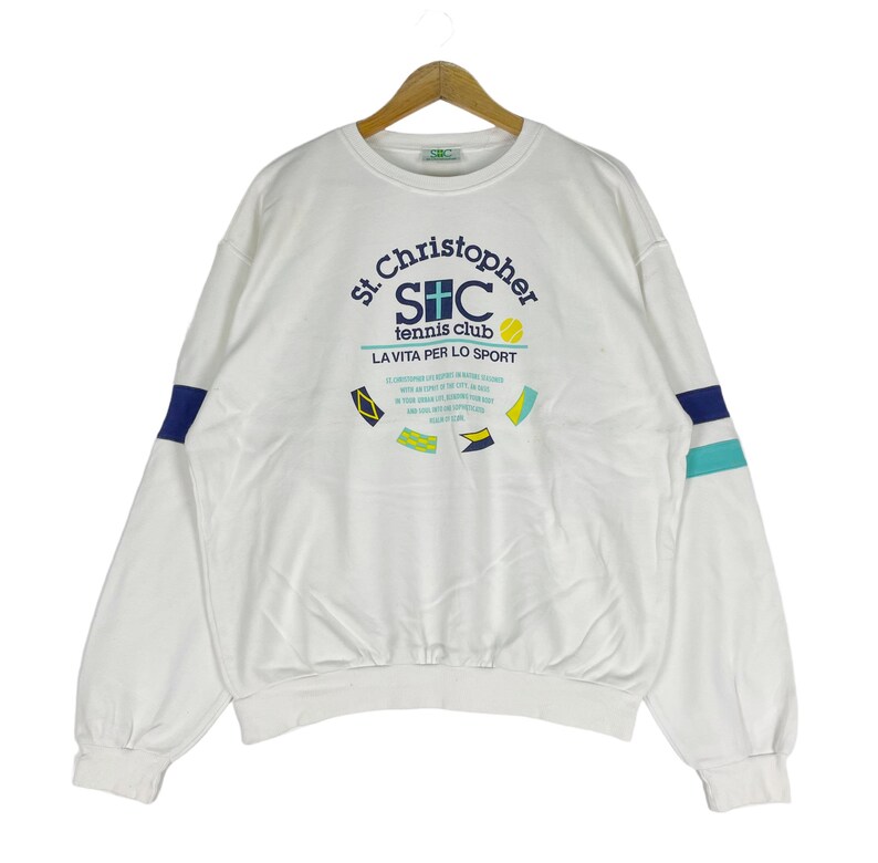 Vintage 90s St Christopher Sweatshirt Tennis Club Team Sportswear Clothing Crewneck Pullover White Colour Size Large image 1