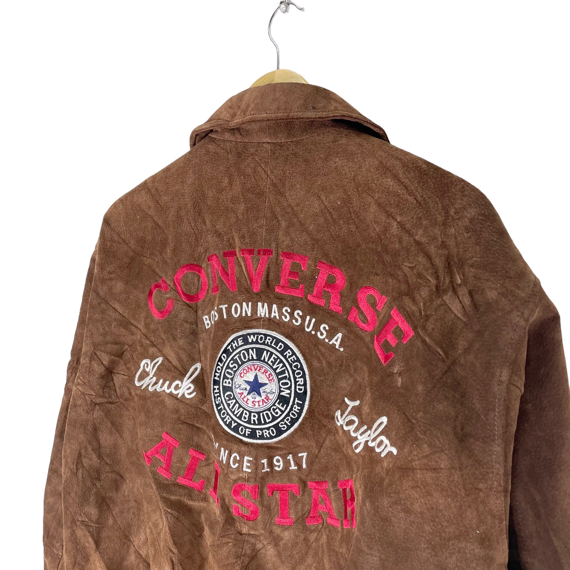 vintage converse suède tracker jacket Vintage 90s Converse Pig Skin Leather Varsity Jacket - Brown Large