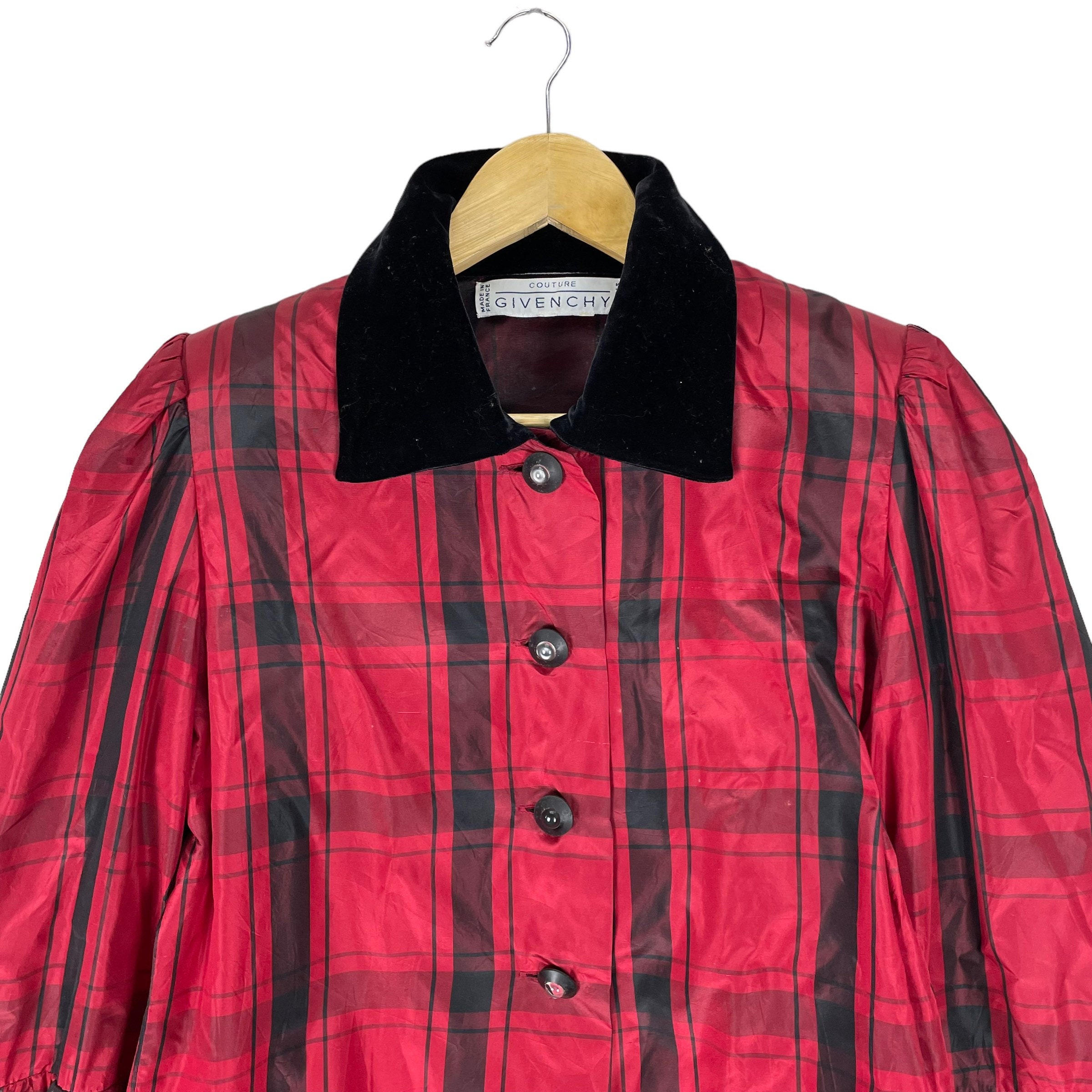 90s GIVENCHY Couture France Plaid Tartan Button Jacket Red