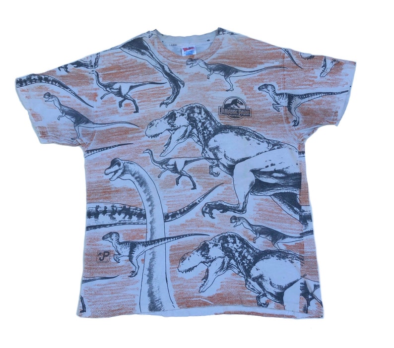 Vintage 90s Jurassic Park Over Print T shirt Dinosaur Sciene Fiction Adventure Film Movie Size XLarge