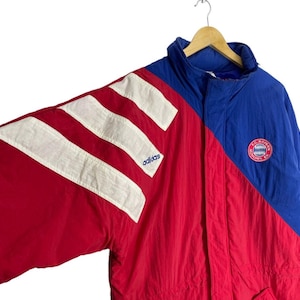 Vintage 90s Adidas Bayern Munich Zipper Parka Jacket Colour Block Red Sportswear Size Small